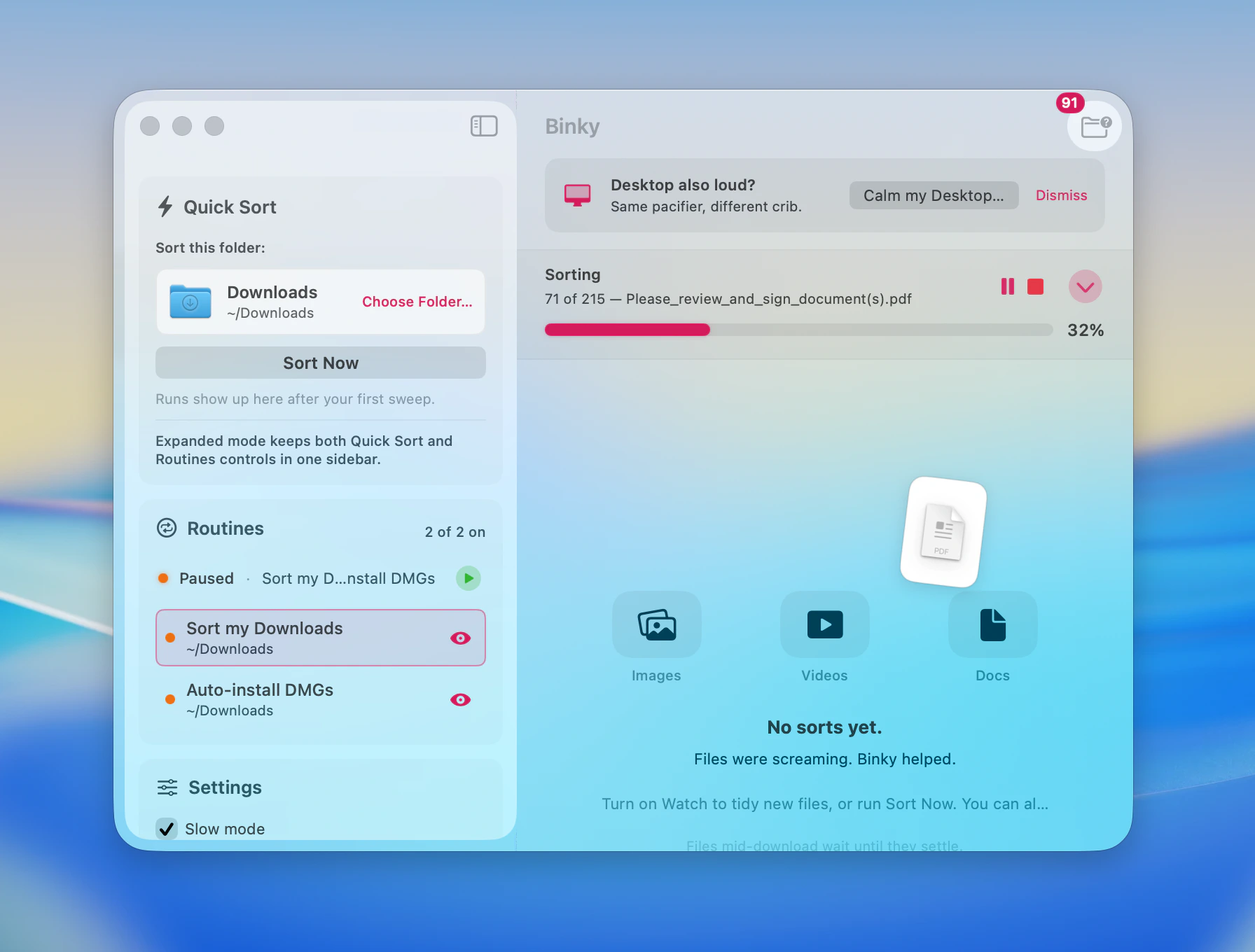 Binky organizer with Downloads sorted into tidy folders